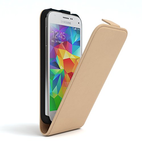 EAZY CASE Hülle kompatibel mit Samsung Galaxy S5 Mini Hülle Flip Cover zum Aufklappen, Handyhülle aufklappbar, Schutzhülle, Flipcover, Flipcase, Flipstyle Case vertikal klappbar, Kunstleder, Hellbraun