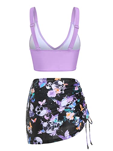 DRESSFO Women's High Waisted Bikini Sets with Cover Up Skirt 3 Piece Gothic Skull Swimsuit Padded Tummy Control Bathing Suit4