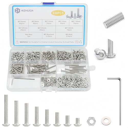 WZHUIDA 630 Stück M3 Schrauben Set, Edelstahl Linsenkopf Metrisch Innensechskant Muttern Und Unterlegscheiben Sortiment, Gewindemaschinen Sechskantschrauben