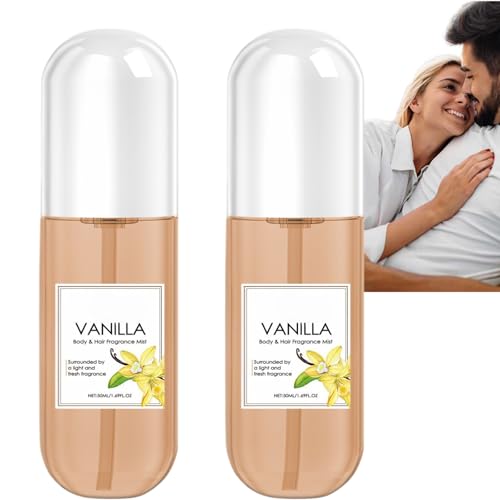 Perfume de vainilla para el cuerpo y el cabello, 50 ml, spray corporal de vainilla para mujeres, fragancia fresca ligera y duradera, tamaño de viaje, niebla corporal refrescante diaria (2 unidades)