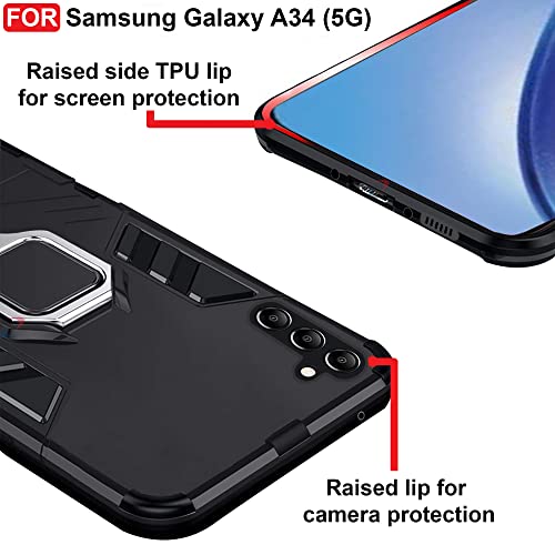 Image of CEDO Kickstand Cover for Samsung Galaxy A34 (5G) Rugged Case | Built-in Stand Rotating Ring Holder | Military Grade Armor Bumper Back Cover (Black)