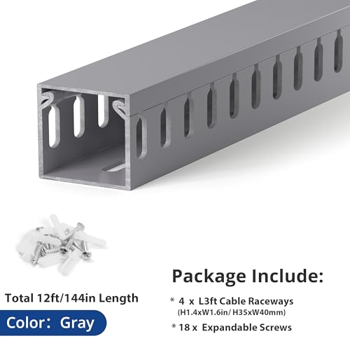 Image of 1.4 inchH x 1.6 inchW Cable Raceway, 12ft Under Desk Wire Management Channel, Grey | Slotted Wire Duct, 4 Pack (3 ft Each), Heavy-Duty PVC Cable Management for Server Racks, Network Cables & Electrical Cabinets