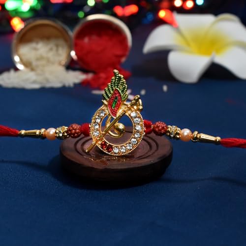 Image of Oblivion Kundan Lotus and Krishna Morpankh Rakhi Pair for Brother with Metal Pooja Thali, Two Dabbas, Roli Chawal, Coin and Greeting Card