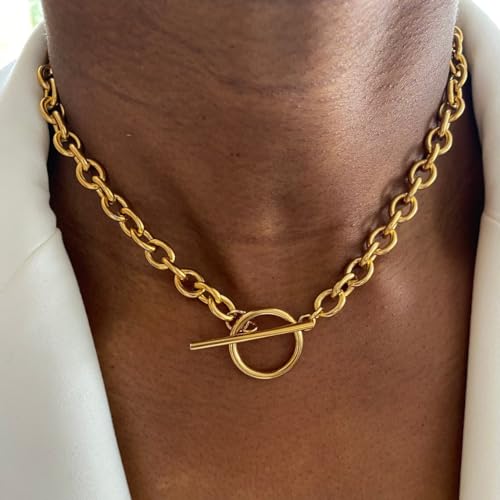 Gold Chunky Necklace for Women 14K Gold Plated Chain Clasp Toggle Necklaces Paperclip Statement Link T-Bar Clasp Dainty Gold Necklace Jewelry Gifts4