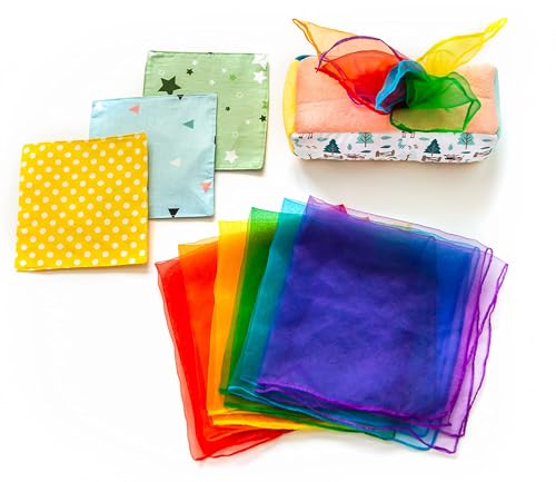 Image of Baby Tissue Box Toy - Montessori Play for Infants and Toddlers - Sensory Textured Box with 12pcs Matching Colorful Scarves and 3pcs Crinkle Paper