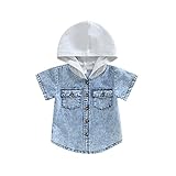 Kurylemon 1-5 Years Toddler Baby Boy Summer Clothes Denim Shirts Color Block Short Sleeve Hoodie Tops (as1, Age, 12_Months, 18_Months, Blue)