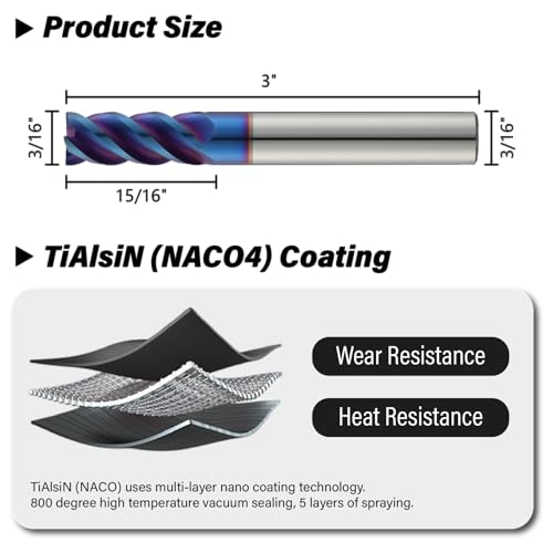 Image of 3 /16 inch Nano-Coated Tungsten Carbide End Mill Set, 4 Flute Micro-Grain Endmills Extra Long CNC Milling Cutter Bits for Stainless Steel -HRC65