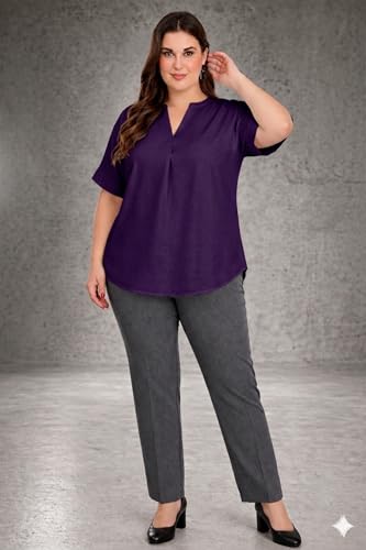 Image of SINDOORI Relaxed Fit Tops for Women Plus Size Solid Printed Mandarin Collar, Band Collar, V-Neck Top, Half Sleeve Loose Fit