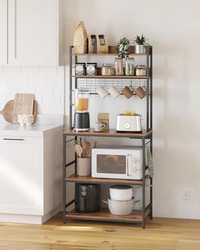 Image of 5-Tier Kitchen Organizer Rack|Multipurpose Microwave Stand for Kitchen Platform & OTG Oven|Steel Utensils Storage Shelf with Hooks | Engineered Wood & Metal Rack for Home | 80x40x170 cm | Rustic Brown