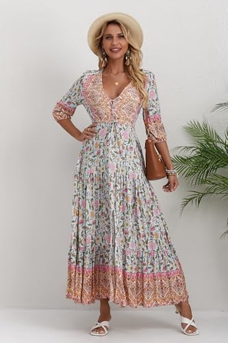 Image of Women Short Sleeve V Neck Floral Print Casual Bohemian Maxi Dresses