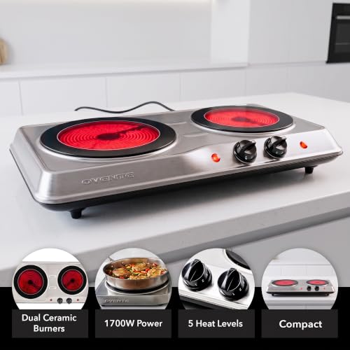 Image of Ovente Countertop Burner, Infrared Ceramic Glass Double Plate Cooktop, Indoor and Outdoor Portable Stove, 1700 Watts (BGI102)