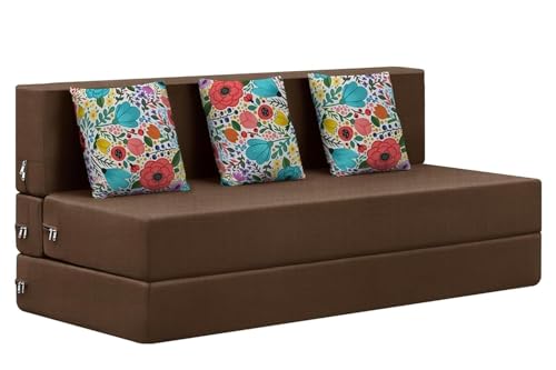 Image of Rosebell 3 Seater Foldable Sofa Cum Bed | 5x6 feet Jute Fabric with Washable Cover & 3 Printed Cushion | Multipurpose Sofa Bed for Living Room - Brown Color