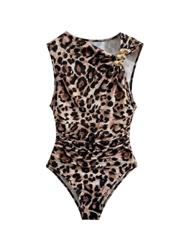 GORGLITTER Womens Cheetah Print Bodysuit Metal Ruched Asymmetrical Neck Y2k Going Out Body Suit Tops Brown Small