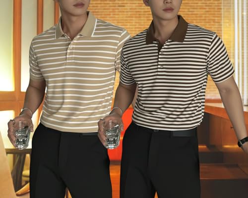 Image of MACK JONNEY Men's Cotton Polo T-Shirt | Regular Fit | Short Sleeve | Striped Casual Wear | Pack of 2 -MJ-1