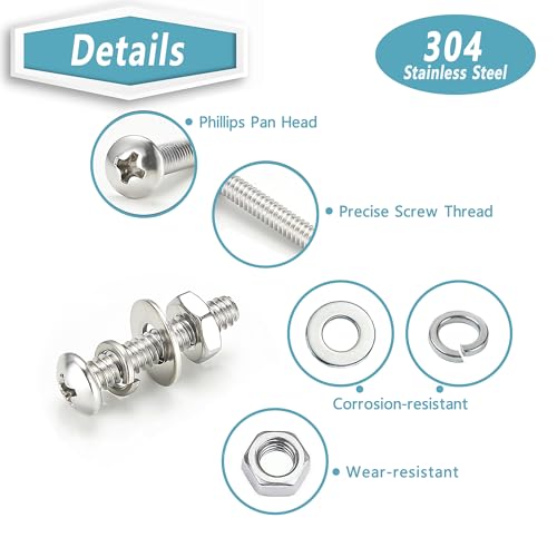 Kadrick 058-SAES-920 920Pcs Machine Screw Assortment,#4-40#6-32#8-32#10-24 Assorted Phillips Pan Head Sae Screws Nuts & Washers Set,304 Stainless Steel Bolts And Nuts Kit thumb #2