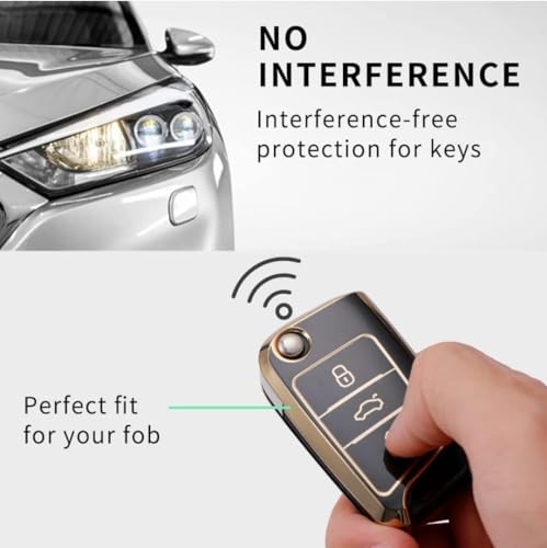Image of TPU Car Key Cover Black & Golden Compatible for Volkswagen Taiguan, Virtus, Tiguan, T-ROC, Jetta (Volkswagen, 3 Button Flip Key New)