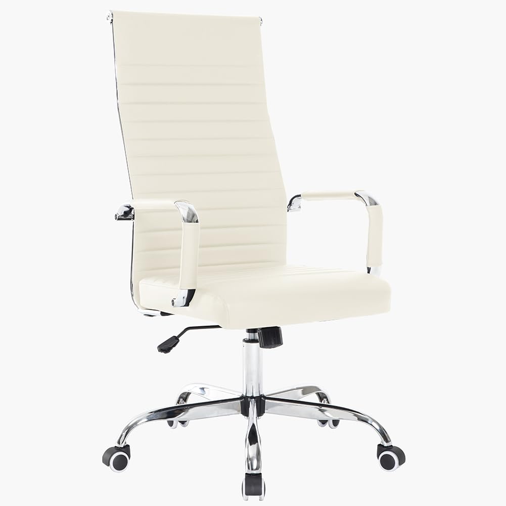 BAKAJI Silla de Oficina de Piel ergonómica con Respaldo Alto y Soporte Lumbar, sillón de Escritorio Giratorio con Altura Ajustable a Gas y Ruedas giratorias a 360°, Base de 64,5 cm cromada (Beige)
