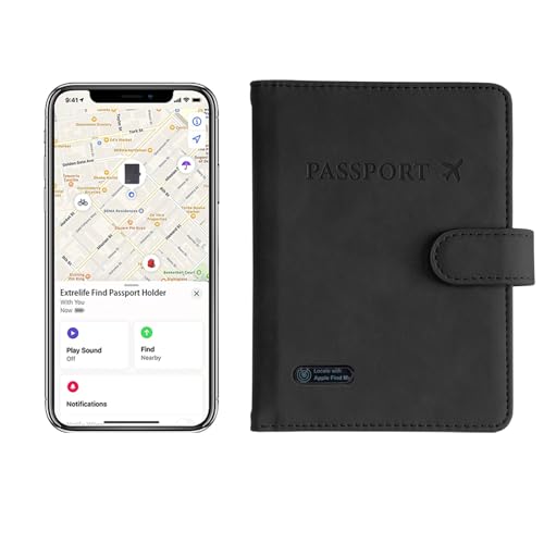 Rich&Ray Wireless Charging Smart Tracker Card Rechargeable IP68, Key Finder Item Tracker Thin Card (Certified by MFI), Passport Holder with Tracker Card (Black-Smart Card with Passport Holder)