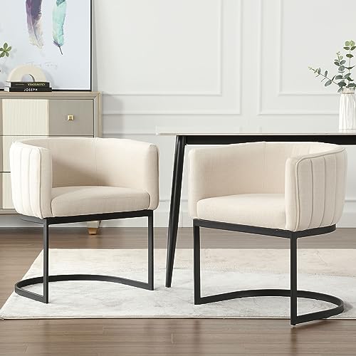 DM FurnitureModern Linen Fabric Dining Chairs Set of 2 Comfy Kitchen & Dining Room Chairs with Arms Upholstered Barrel Chairs Metal Frame 19" Wide Accent Chairs for Living Room/Bedroom, Ivory