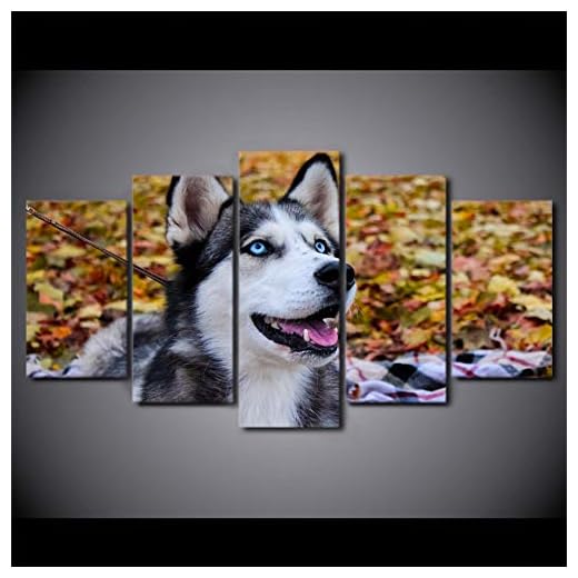 GIAOGE målningar modern väggkonst kanvas HD tryckt ram modulära bilder 5 stycken djur Husky Pet målning inredning blå ögon hund affisch, 20 x 35 20 x 45 20 x 55 cm, ram