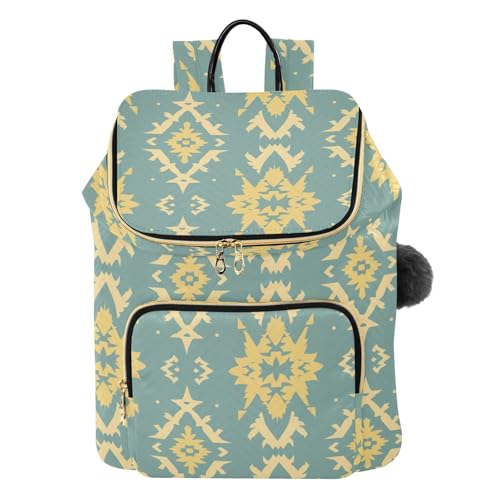 KLL Teal and Yellow Tribal Pattern Women Backpack Premium Casual Ladies Shoulder Bag for Yoga Sports Travel