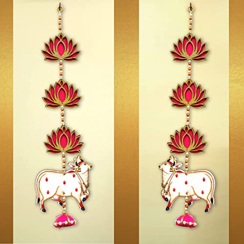 Image of CraftVatika Cow Pichwai Hanging & Golden Lotus Wall Door Decor Hanging MDF for Home, Temple, All Festival Decoration (2 Pc's)