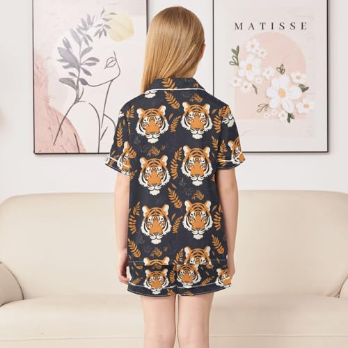 Hand Drawn Tiger Summer Satin Pajama Set, Cute Button-Down Sleepwear Pj Set for Sleep Wears4