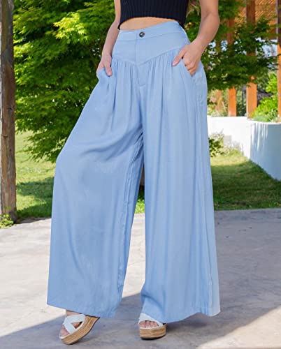 Wide Leg Denim Palazzo Pants for Women Smocked High Waisted Loose Fit Flowy Pants Casual Summer Lounge Trousers with Pockets3