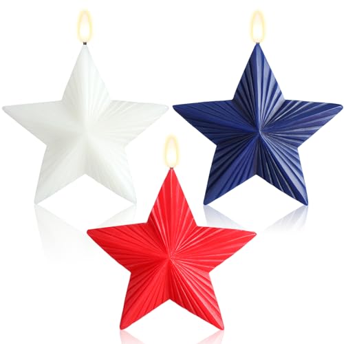 Image of Tujoe 3 Pcs 4th of July Flameless Candles Star Patriotic Candle Independence Day Battery Operated Candles USA Red White Blue LED Stars with Remote for Holiday Table Decorations