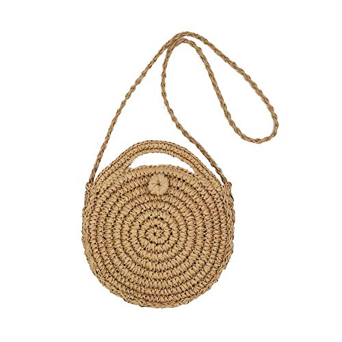 Women Straw Crossbody Ring Bag Round Weave holiday Beach Bag Handmade Shoulder Purse (Coffee, 1)