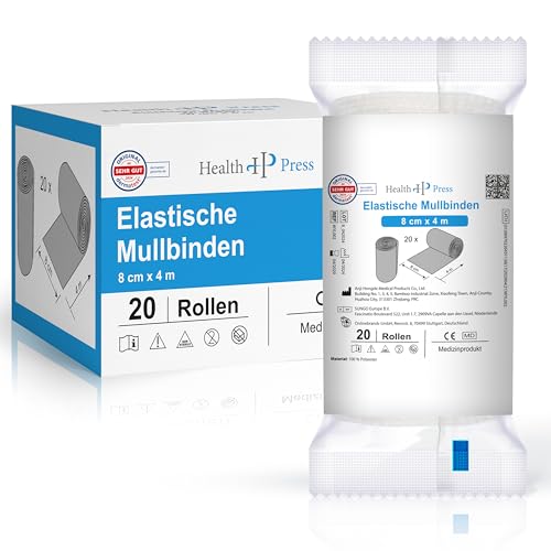 Health Press Mullbinden – Verbandsmaterial (8cm x 4m) 20 Rollen – Elastischer Binden Verband – Medizinprodukt – Dermatologisch getestete Fixierbinde – Bandage Ideal für Erste Hilfe & Wundversorgung