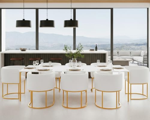 Image of HNY Mid Century Modern Upholstered Barrel Dining Chairs with Arms Set of 8, Leather Kitchen & Dining Room Chairs, 18.5 inch Wide Accent Chairs for Dining Room Living Room with Gold Metal Frame, White