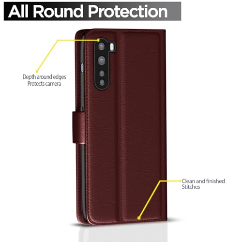 Image of Pikkme Flip Cover Leather Finish | Inside TPU with Card Pockets | Wallet Stand and Shock Proof | Complete Protection Button Flip Case for Oneplus Nord (2020) (Brown)