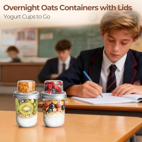 Image of ComSaf Overnight Oats Containers with Lids (16OZ+4OZ, 2PCS) On-The-Go Dual-Laryer Yogurt Parfait Cups with Dry and Wet Separation Mason Jars for Chia Pudding Cereal Nut Fruit Meal Prep Salad