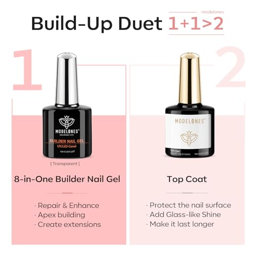Image of modelones Builder Nail Gel with Gel Top Coat, 8-In-One Nude Pink Builder Acid Free Top Coat for Color Rubber Base Nail Polish Thickening Apex Building Shine Finish, LED Lamp Cured 10ml Home DIY Salon