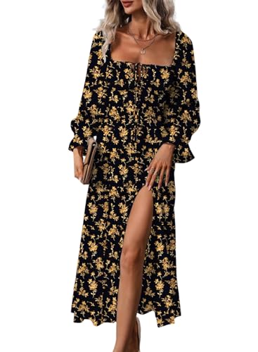 Image of BLENCOT Womens Casual Square Neck Long Sleeve Boho Floral Midi Dress Print Side Split Dresses
