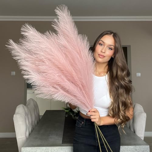 VOULUX Extra Large Tall Blue Fake Faux Artificial Pampas Grass Large Fluffy x3 115cm Stems x18 Decorative Artificial Flora Feathers For Floor Vases Tall Blue Plant Flowers Long Pampas Grass