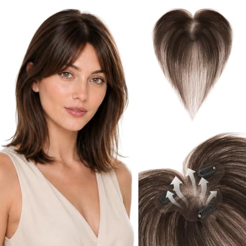 SEGO Pro Human Hair Topper for Women with Mild Thinning, 3.15' x 5.12' Breathable Mesh Base, Real Human Hair Topper with Anti-Slip Clips, Curtain Bangs, 10 Inches, #2 Dark Brown