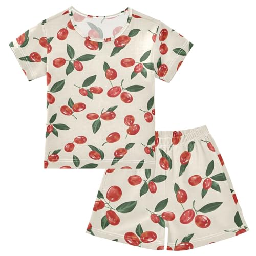 ALAZA Red Date Leaves Pajamas Short Sleeve 2 Piece Sleepwear Top and Bottom Pajama Set Unisex