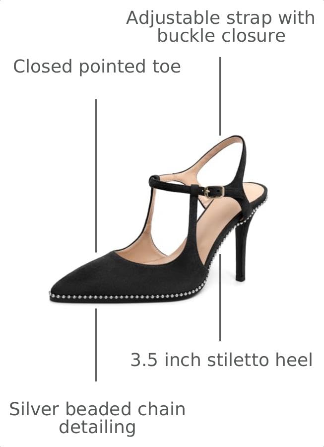 Image of SAMMITOP Womens High Heels Ankle Strap Pointed Toe Stilettos Patent Leather Beaded Pumps Dress Shoes 3.5 Inch