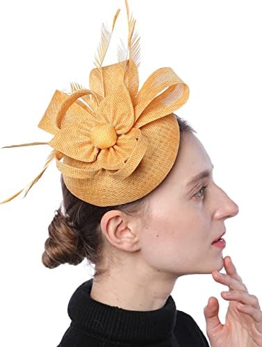 Biruil Women's Fascinator Hat Imitation Sinamay Feather Tea Party Pillbox Flower Derby (ZA Gold)
