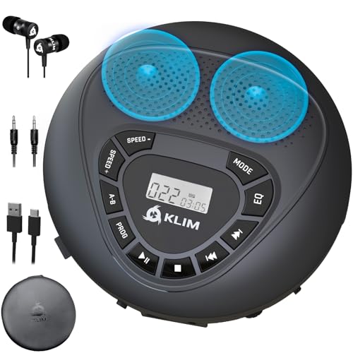KLIM Speaker + CD Player mit Lautsprecher + Bluetooth + Wiederaufladbarer Akku + Tragbarer CD-Spieler mit Kopfh&ouml;rern + SD-Karte + AUX + Idealer Auto-CD-Spieler + CD Player tragbar mit Lautsprecher