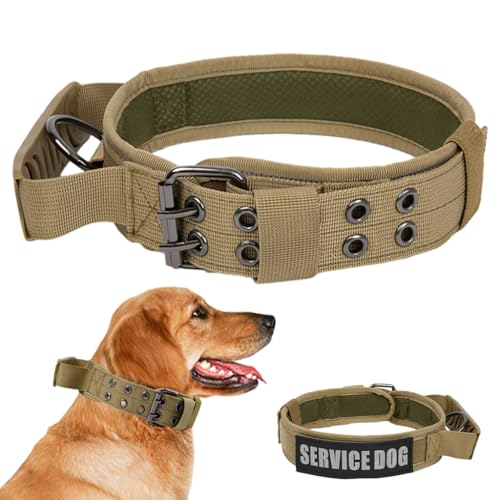 Image of Qpets Brown Dog Collar, Nylon Tactical Dog Collar for Large Dogs with D Ring & Handle Adjustable Dog Neck Belt with Reflective Safety Strip Dog Training Walking Collar (XL, 55-150lbs),29.5x4 cm