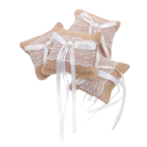 Cabilock 4pcs Bridal Ring Display Cushion Rustic Lace Ring Pillow for Weddings Engagements and Proposals Elegant Burlap and Ribbon Design