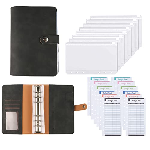 AMO HERMOSO A6 Binder Notizbuch, 6 Löcher PU Leder Budget Binder Einband mit 8 PVC A6 Binder Taschen mit 12 Spesenbudgetblätter, Bargeld Umschläge, Budget Planner, Schwarz Cover