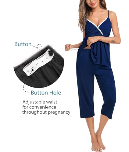 Image of SWOMOG Maternity Nursing Robe Set 3 PCS Breastfeeding Pajamas Set 3 in 1 Labor Delivery Pregnancy Pjs Capri Pants