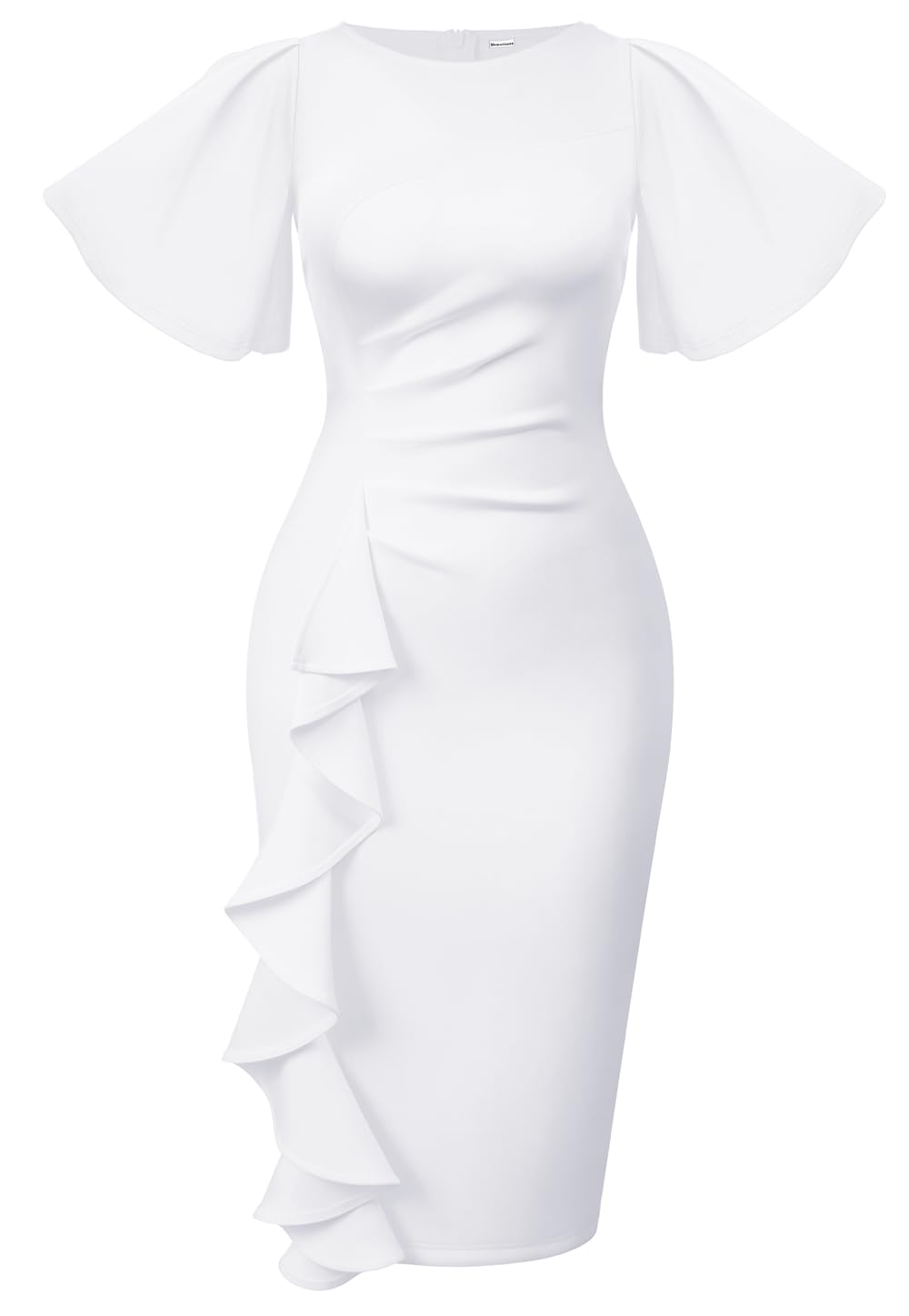 Memoriesea Women's Basic Vintage Ruffle Sleeve Ruched Bodycon Work Midi Pencil Dress