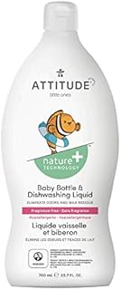 ATTITUDE Liquid Dish Soap for Baby Products, Tough on Milk Residue, Hypoallergenic Plant- and Mineral-Based Formula, Vegan and Cruelty-free Detergent, Unscented, 23.7 Fl Oz