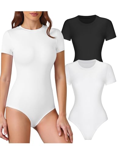 Veugol 2 Pack Bodysuits for Womens Crew Neck Short Sleeve Body Suits Going Out Outfits Summer Baisc Leotard Tops Shirts Round Tummy Control Summer Fashion Casual Daily Basic Black White L