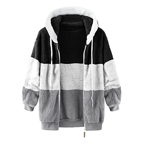 Fuzzy Fleece Jackets for Women Plus Size Hoodies Fall Winter Coats Color Block Patchwork Cardigan Coat with Pockets